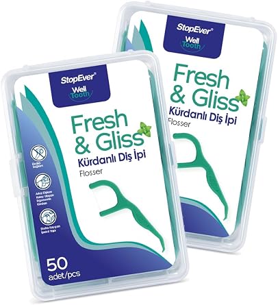 StopEver Fresh & Gliss Kürdanlı Diş İpi 2'li Paket (100 Adet) | Nane Aromalı | Diş Arası Temizliği, Ağız Hijyeni ve Günlük Kullanım için İdeal | Plastik Kutulu ve Taşıma Kılıflı Hediyeli