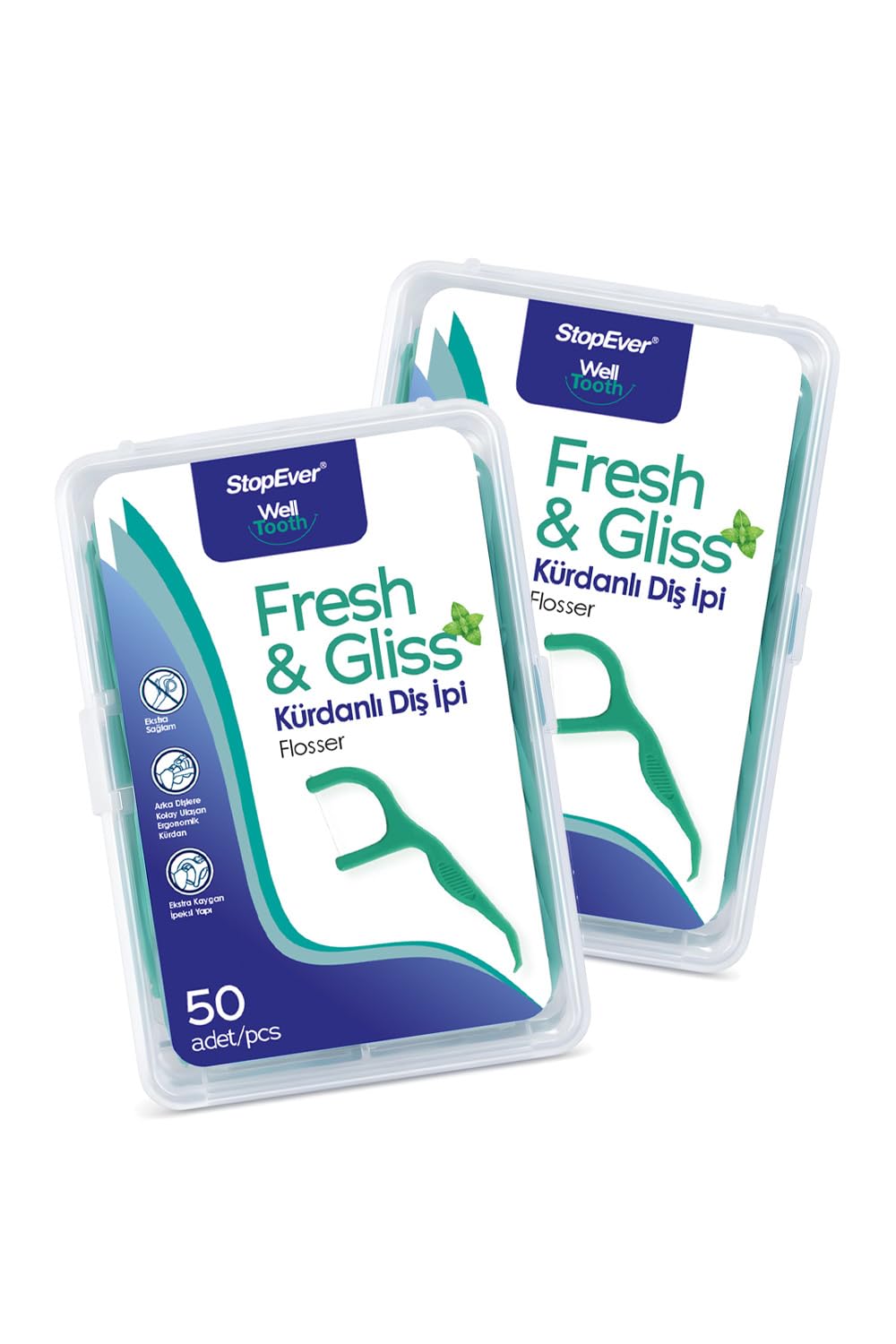 StopEver Fresh & Gliss Kürdanlı Diş İpi 2'li Paket (100 Adet) | Nane Aromalı | Diş Arası Temizliği, Ağız Hijyeni ve Günlük Kullanım için İdeal | Plastik Kutulu ve Taşıma Kılıflı Hediyeli