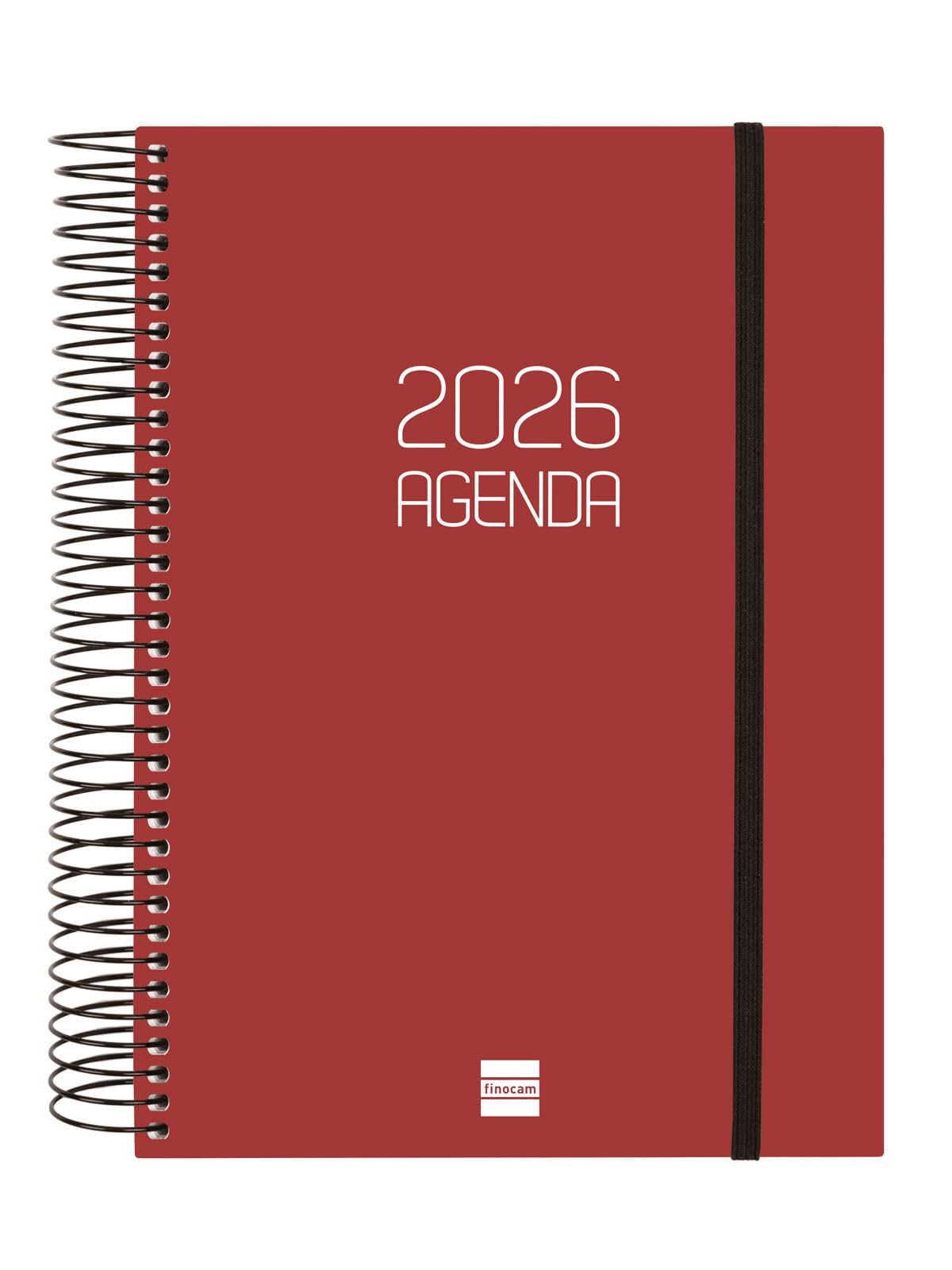 Finocam - Spiral Agenda 2026 1 Day Page | January - December (12 months) | 2026 Yearly Agenda with Rubber | Polypropylene Spiral Cover Opaque - Bordeaux - Catalan
