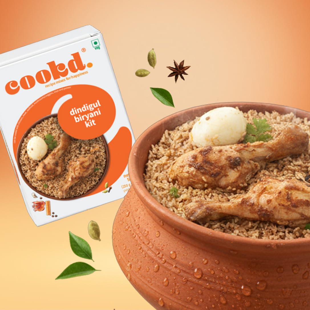 Cookd Dindigul Biryani Kit (Serves 3) | Biryani Masala Paste with Seeraga Samba Rice | Ready-to-Cook Kit | Cooks in 20 Minutes | No Added Flavours or Preservatives (Pack of 1)