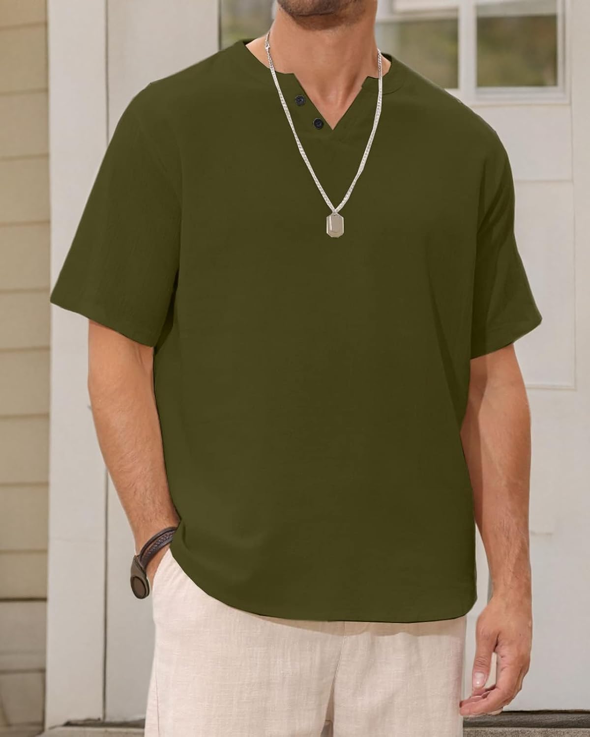 Angbater Men's Linen Shirt Short Beach Hippie T Shirts Casual Summer Lightweight Tropical Henley Shirts - Image 7