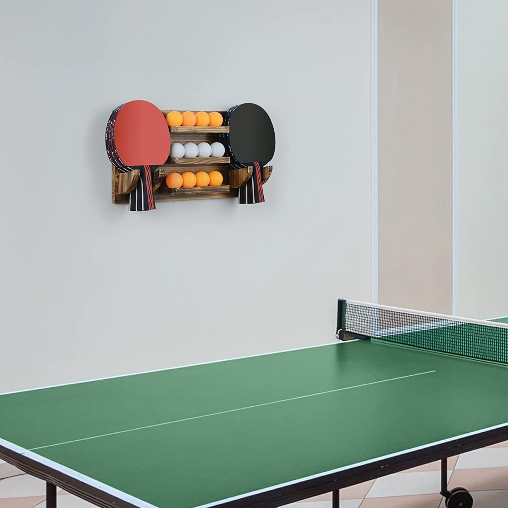 Soporte para paletas de ping-pong, estante de tenis de mesa montado en la pared, capacidad para 6 paletas y 12 pelotas, madera