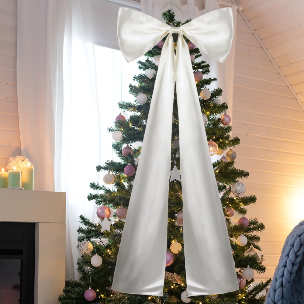Mioyoow White Christmas Giant Bow, ​19.7" X 46.1" Christmas Extra Large Bows Vintage Xmas Tree Bow Ornament For Home Fireplace Wedding Birthday Party Celebration Present