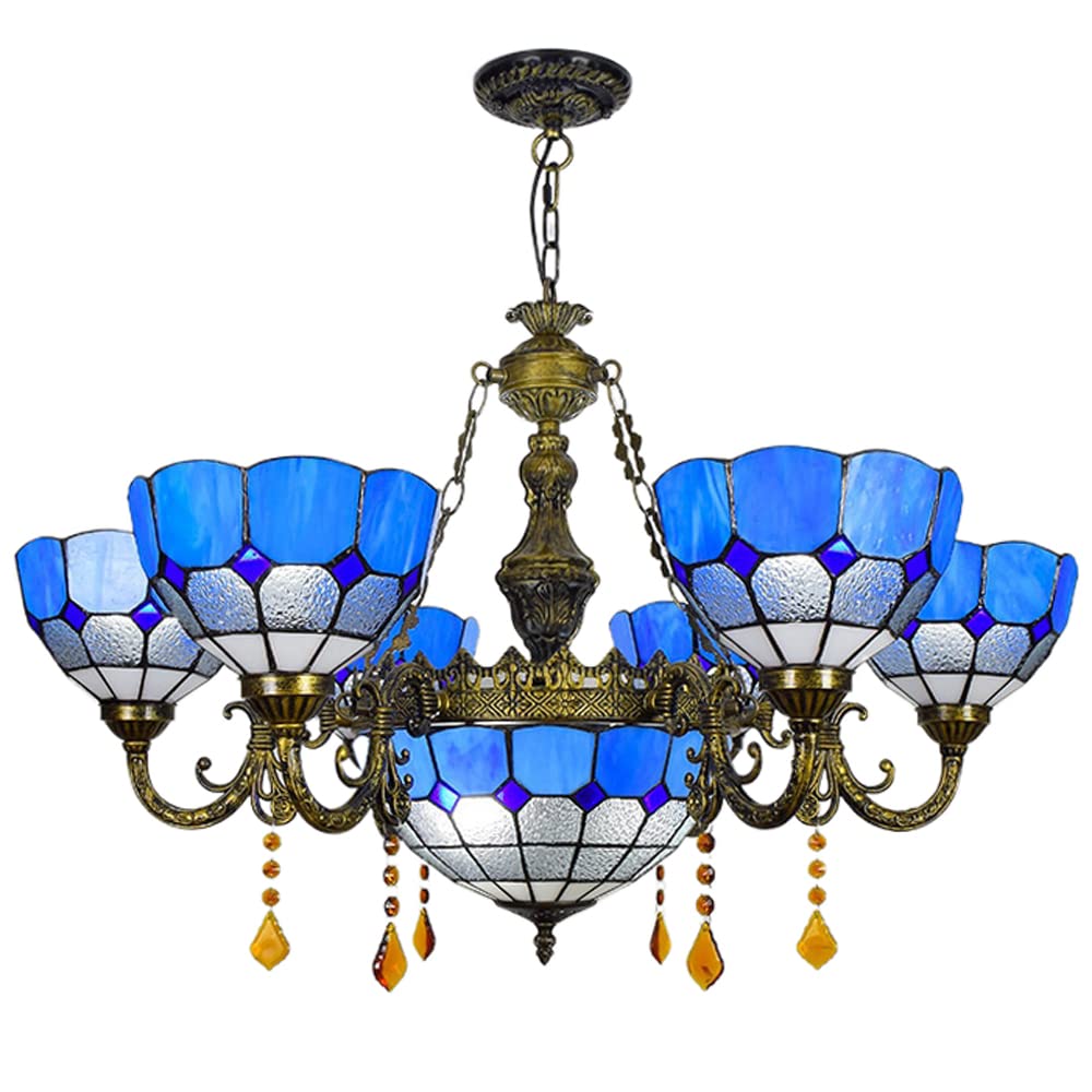 FYZDLAOR 6+1-Light Chandelier,with Mediterranean Blue Lampshade Pendant Light Light Fixtures,Tiffanystyle Stained Glass Hanging Light Wide 32 Inch with Crystal Pendant