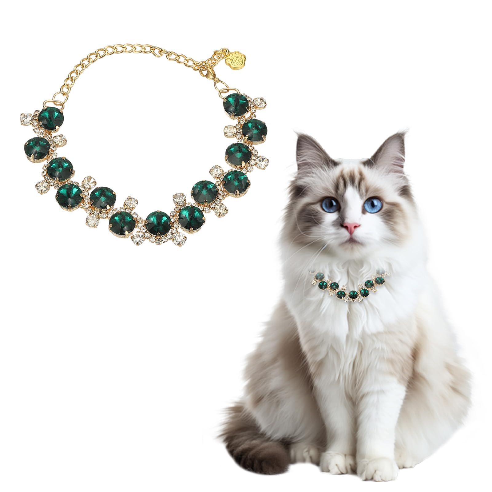 sourcing map Dog Necklace Collar, Gold Chain Pets Pearls Adjustable Crystal Rhinestones Cat Wedding Metal Collar Jewelry Accessories 12In, (Green), Intended for Teacup/Kitten/Small Pet