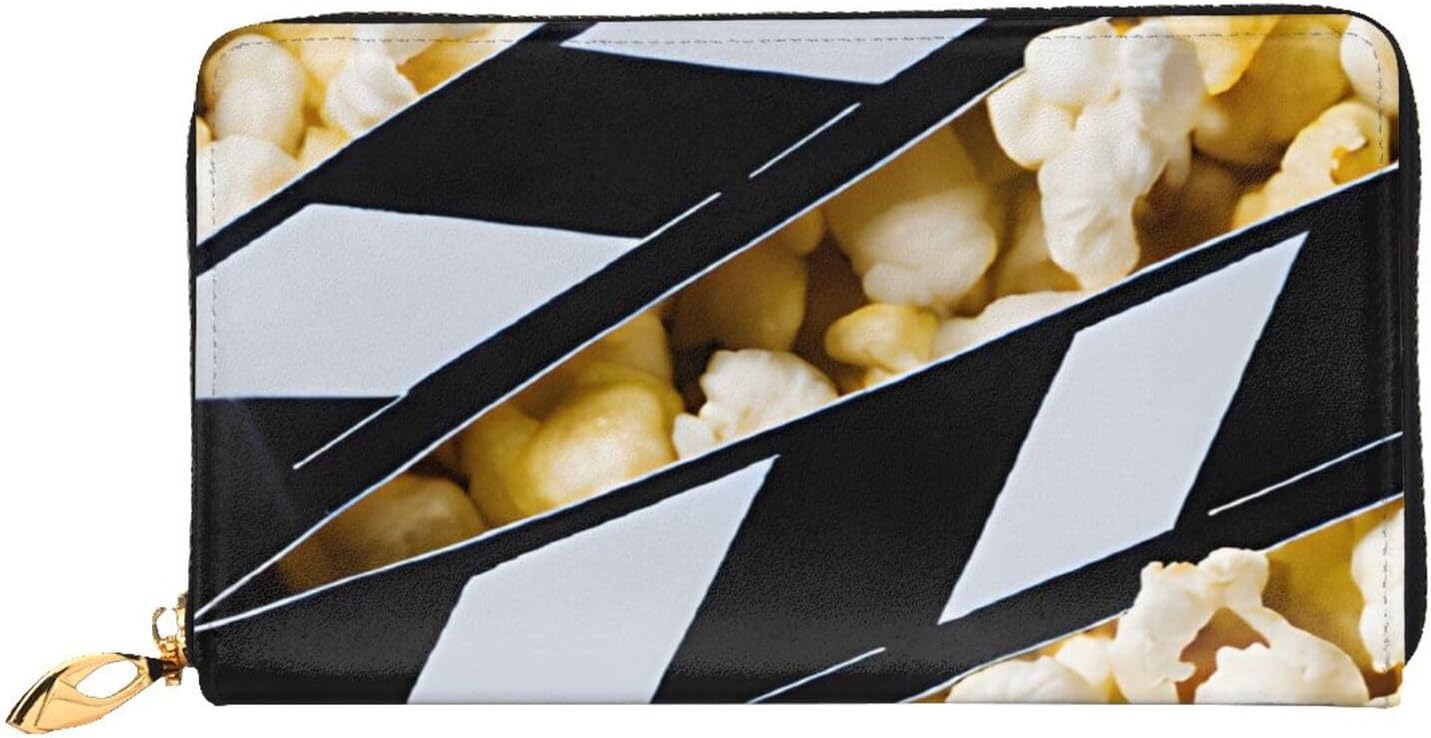 Leather Long Hand-Held Cinema Movie Clapboard And Popcorn Wallet, Men'S And Women'S Wallets, With Hidden Compartments, Passbook Slot, Id Slot.