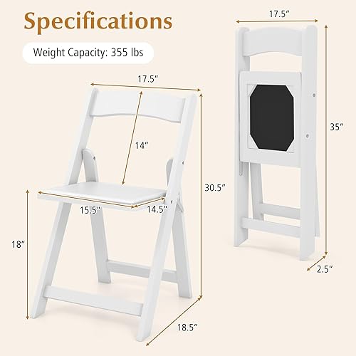 Miniatura 3 de Giantex Juego de 8 sillas plegables blancas, sillas de comedor de madera, sillas plegables acolchadas con respaldo, sillas laterales apilables para