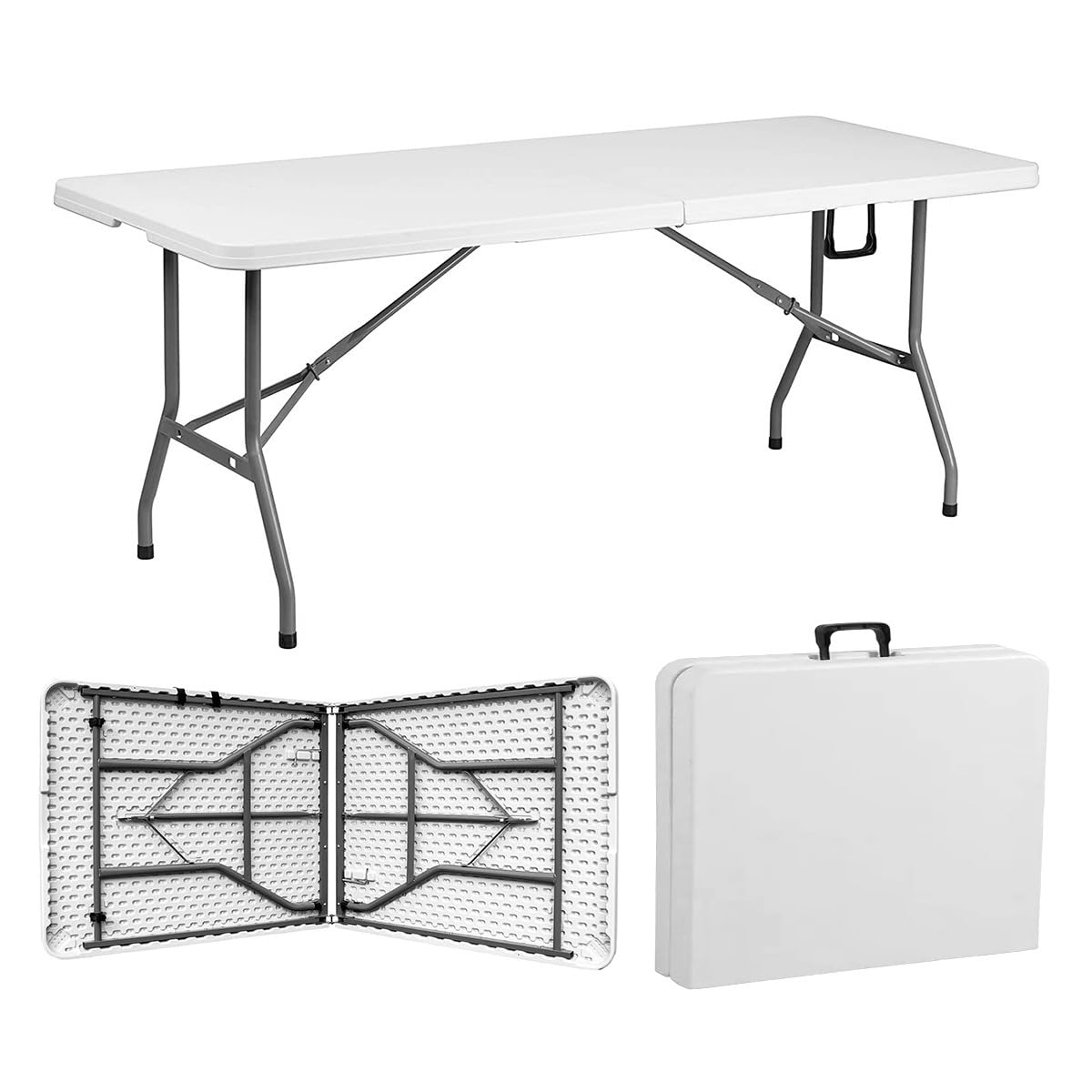 Raganet, Mesa Plegable de Plástico, en Forma Rectangular, 180 Centimetros de Largo, Plástico Resistente para Interiores y Exteriores, Color Blanco