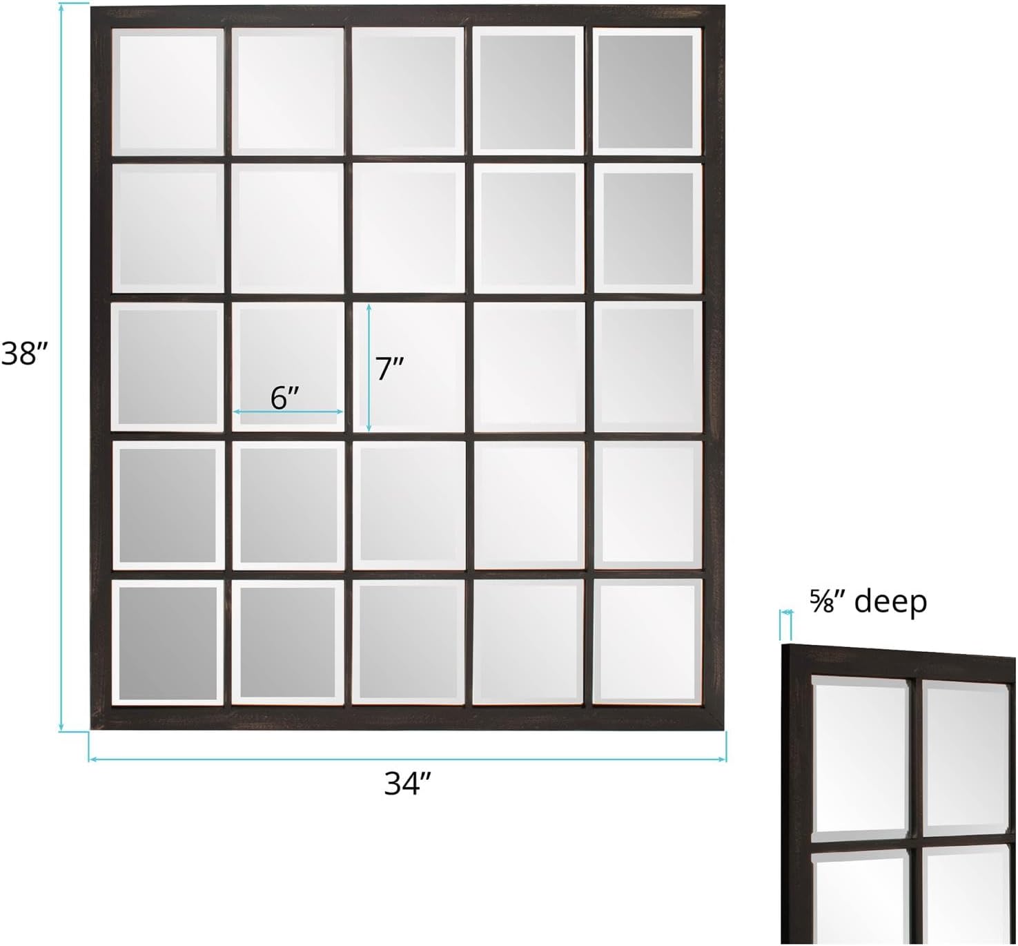 Howard Elliott Superior Hanging Rectangular Window Design Wall Mirror, Accent, Bronze, Elegant Beveled Frameless Windowpane Decor Mirrors, Hang Horizontal or Vertical, 34 x 38 Inch, Bronze