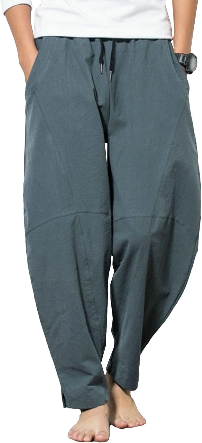 Men's Cotton Linen Loose Fit Harem Pants Drawstring Elastic Waist Comfort Pants Lightweight Solid Stylish Trousers