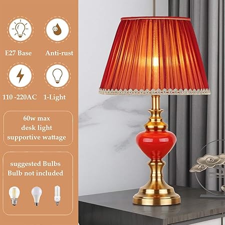 USMJQVZ USMJQVZ Red Ceramics Table Lamp Modern Desk Table Lamp, 21.6" Chinoiserie Marriage Lamp Bedside Table Lamp Desk Nightstand Lamp for Bedroom Living Room photo 3