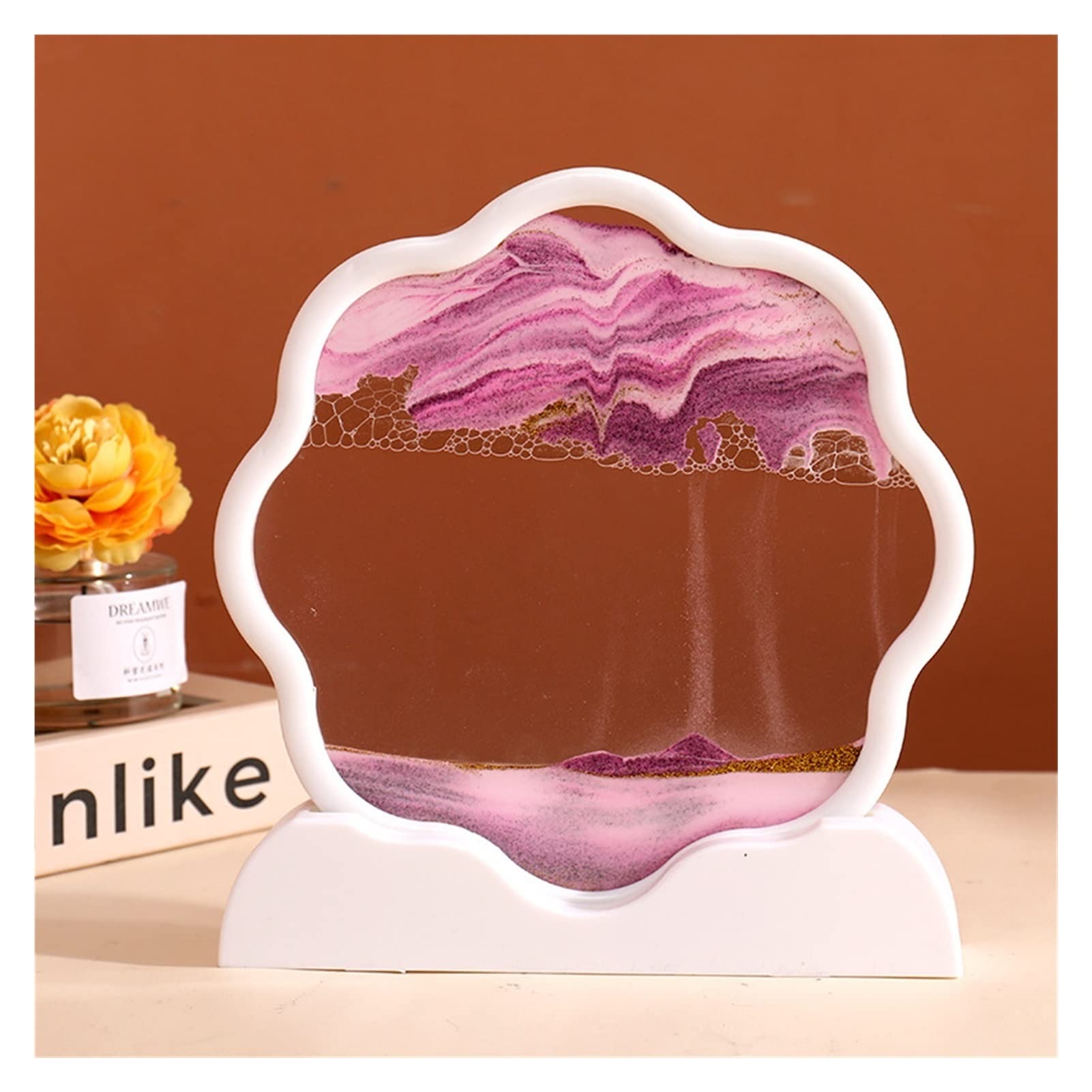 Meiiron Moving Sand Art Picture, Sandscapes 3D Deep Sea Display in Motion Dynamic Flowing Grit Photo Hourglass Desktop Art Sensory Relaxing Desktop Decor Party Gift (Color : White Frame-Pink)