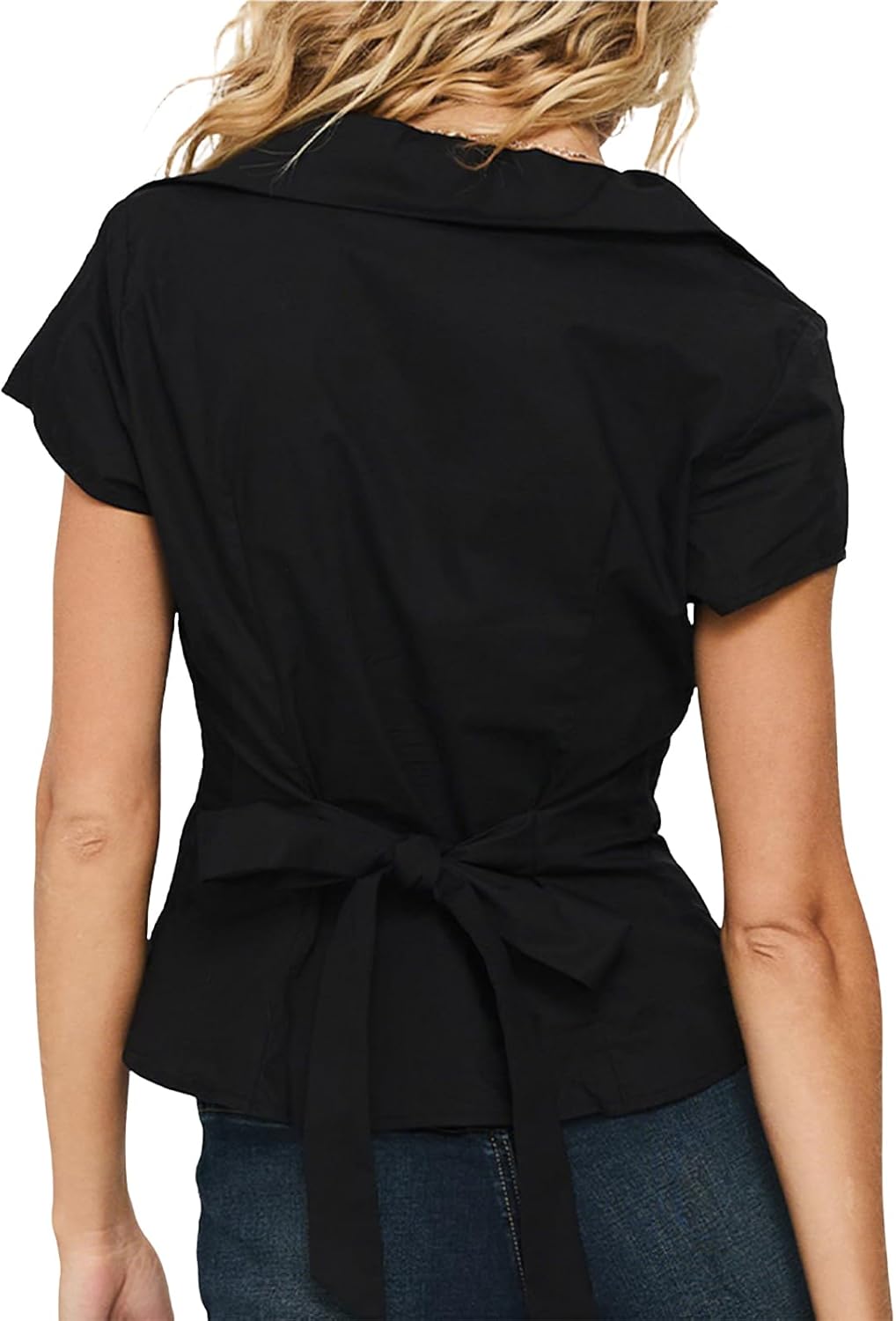 Women's Y2K Short Sleeve Button Down Shirts V-Neck Bow Tie Up Back Solid Color Slim Fit Crop Blouse - Image 5