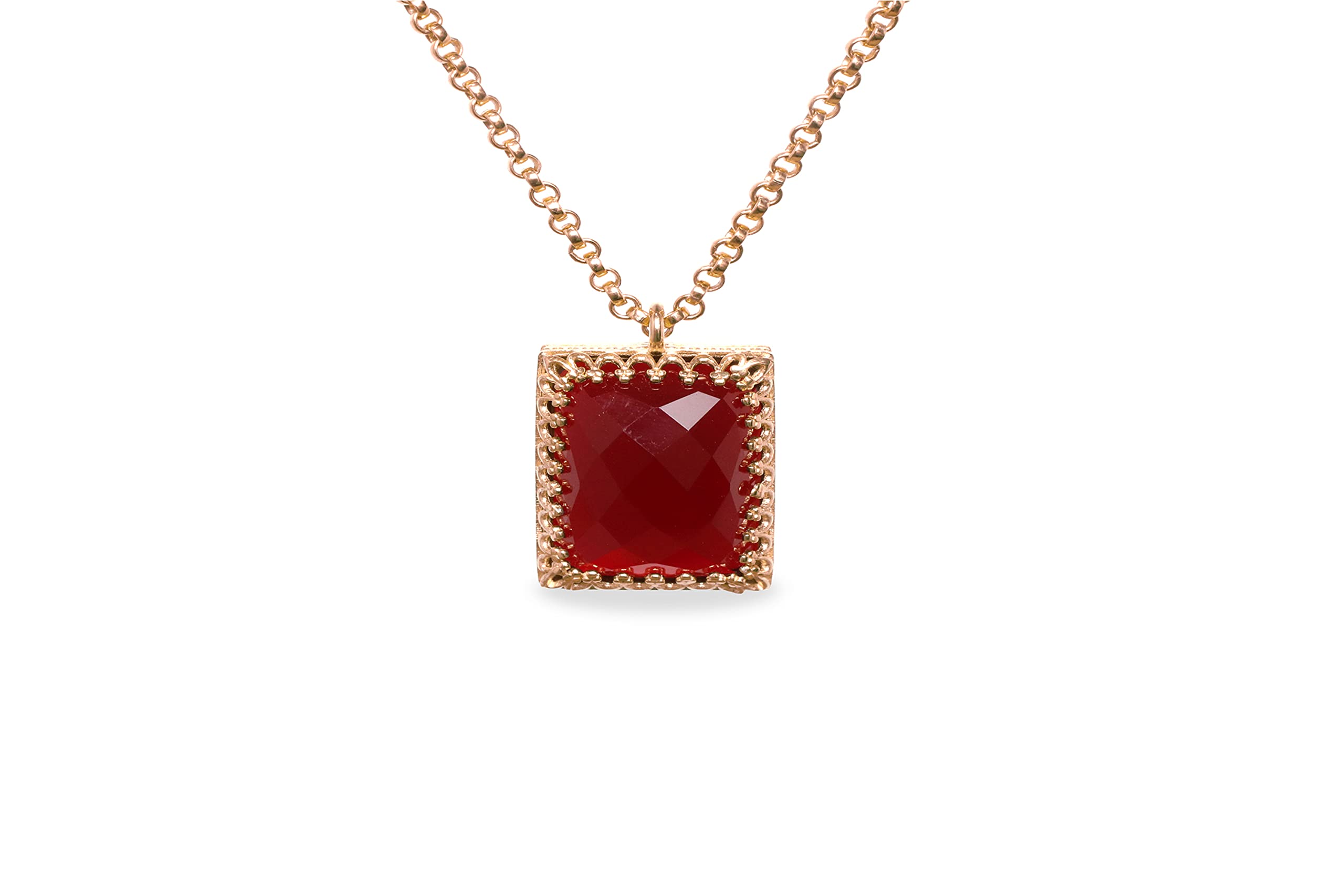 Radiosa Collana in Pietra Gemma di Granato - Elegante Rosso, Collana con Ciondolo di Taglio Quadrato - Bene Inciso Gennaio Pietra di Compleanno Collana per Donne - Chic Gioielli di Fascino alla Moda