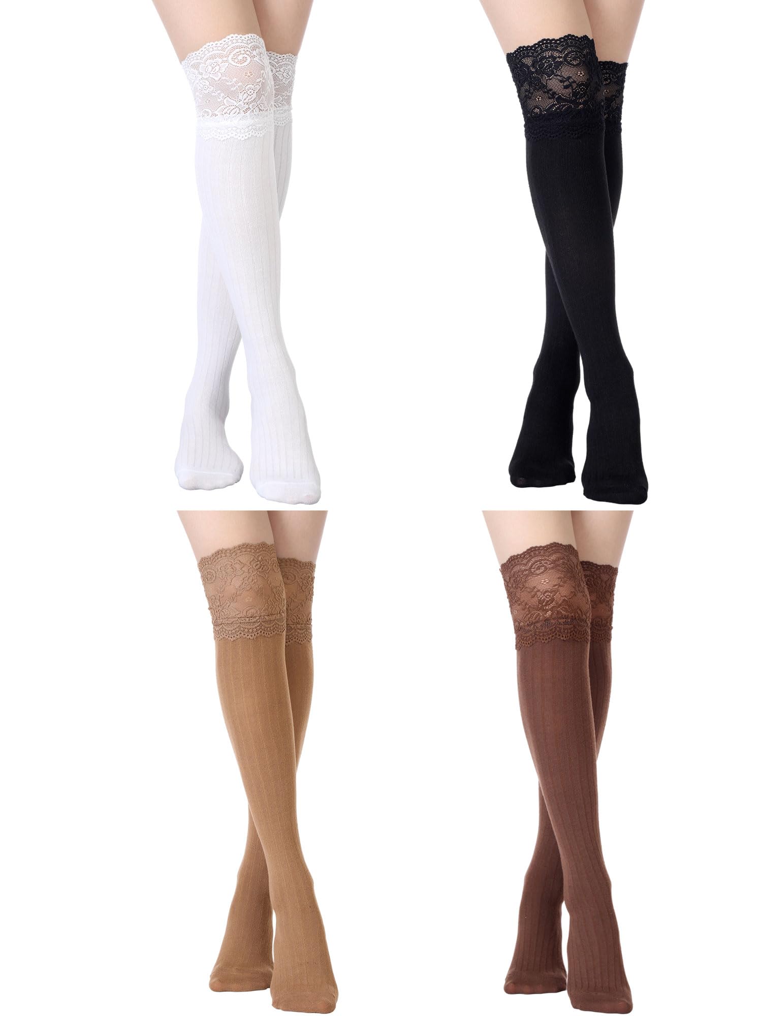 Fourluoo 4 Pairs Knee High Lace Socks