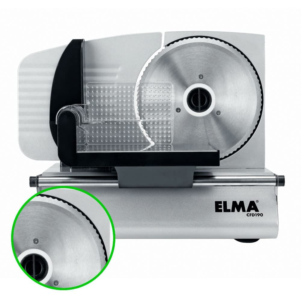 ELMA Cortadora de Fiambre CFD 190 Cortafiambres Eléctrico | Ø 190 mm, 150W, 23 x 27 x 37 cm | Cuchilla de Acero Inoxidable Desmontable, Corte Regulable 0-15 mm, 2 posiciones