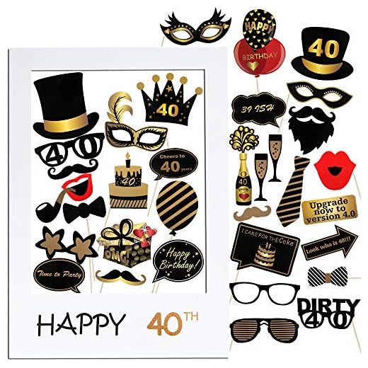 VINFUTUR 40th Cumpleaños Photo Booth Props, 35pcs Photobooth Cumpleaños Accesorios Fotocall para Cabina de Foto Props Fiesta Kit+Marco Photocall para Cumpleaños Decoración DIY