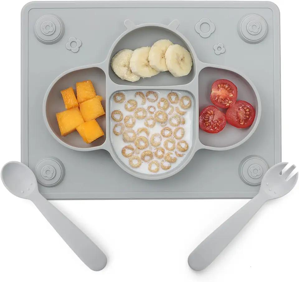 ROCCED Suction Plates for Baby Placemat Spoon Fork Set for Toddlers, Silicone Baby Plates with Suction Baby Dishes for Kids Plates-grey