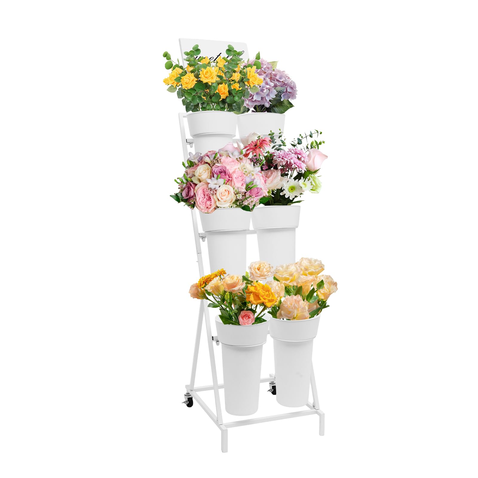 pijopang Flower Display Stand, Flower Cart Flower Bar Stand Bouquet Bar w/6 Plastic Buckets & Moving Plant Cart Shelf forFlower Store, Patio Garden,
