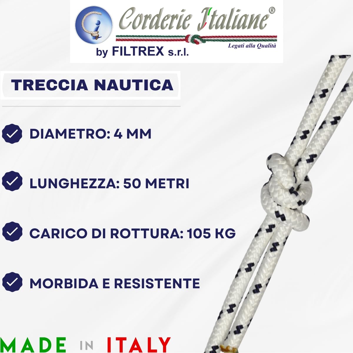 Corderie Italiane 006091660 Pleciona lina żeglarska, 4 mm, 50 metrów, biały z niebieskim znacznikiem