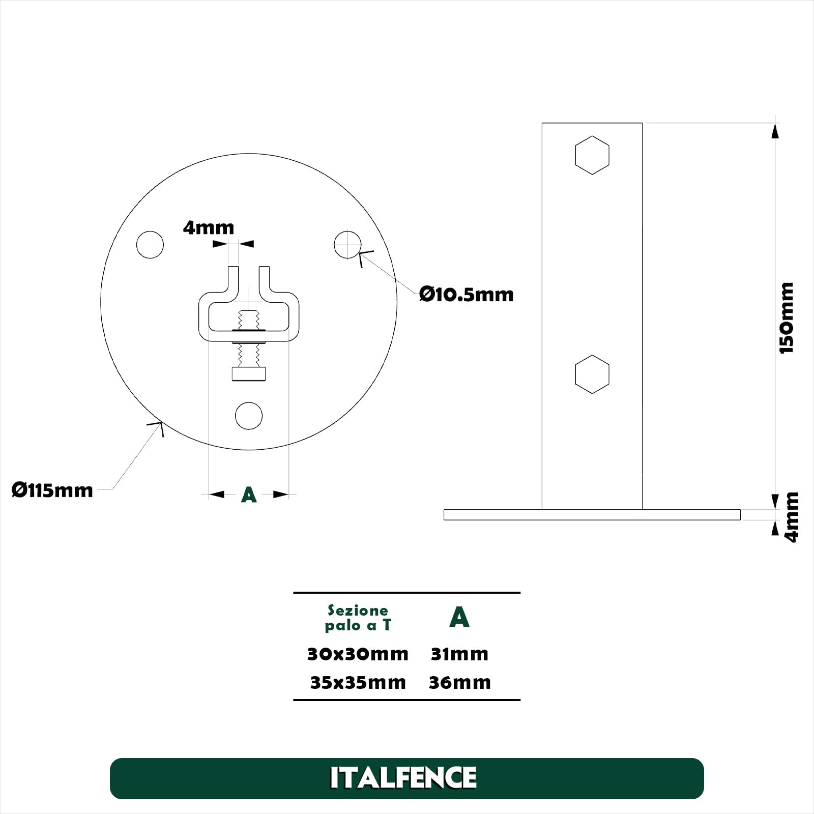 Supporto per palo a T 30x30mm da tassellare, plastificato verde [10 pezzi]