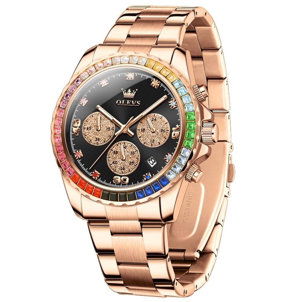 Image of OLEVS Watch for Men Luxury Gold Diamond Chronograph Business Wristwatch with Analog Quartz, Date Calendar, Stainless Steel Band, Luminous Hands, Waterproof