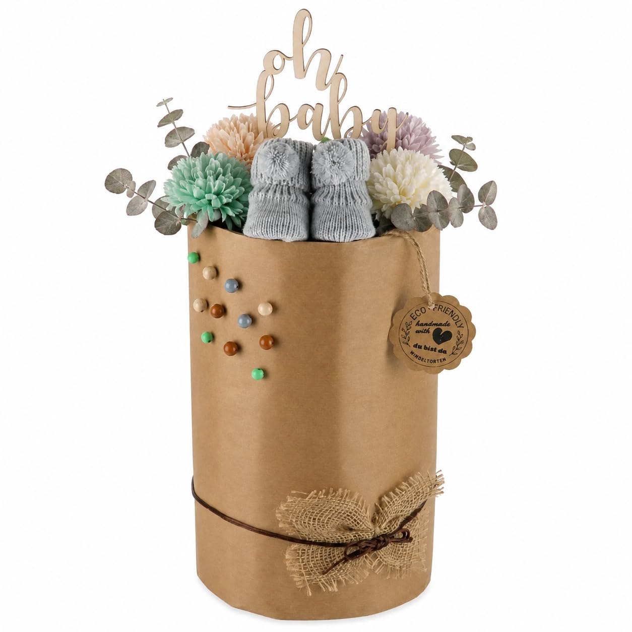 Gâteau à couches écologique Eco Friendly en couches biologiques | Cadeau de naissance de qualité supérieure | presque sans plastique * (L, pierre)
