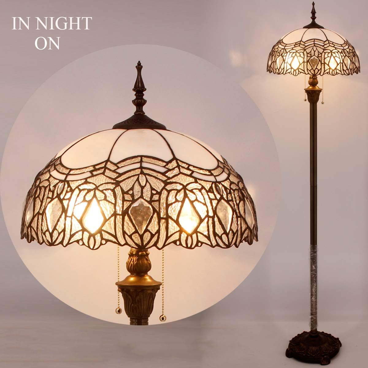 WERFACTORY Tiffany Floor Lamp Crystal Bead White Stained Glass Standing Reading Light 16X16X64 Inches Antique Pole Corner Lamp — view 6