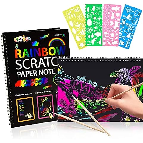 Rainbow Scratch Notes - Scratch Art for Kids, 2 Rainbow Paper Books with 2 Wooden Styluses and 4 Drawing Stencil, Scratch Art Book Scratch Painting Scratch Magic Set for Children Adults Birthday Gift Cover