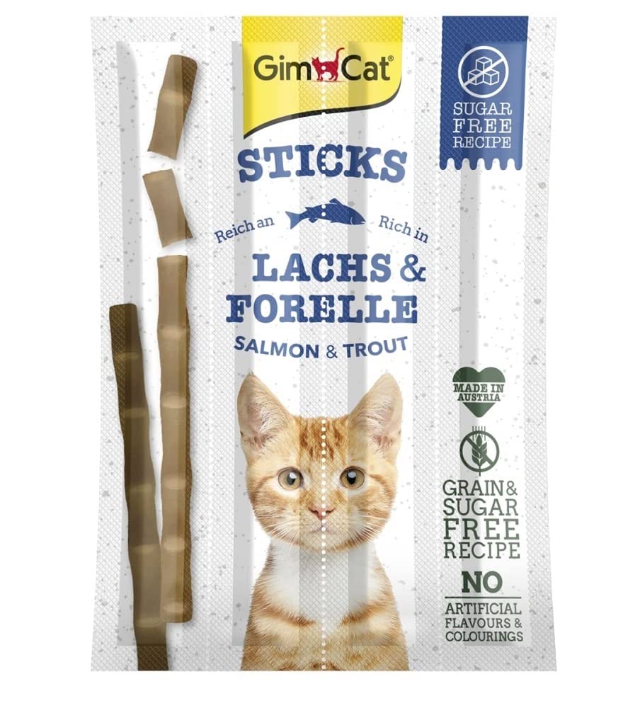 GimCat Sticks salmón y Trucha - Suaves palitos para Masticar con Alto Contenido de Carne y sin azúcar añadido - 1 Paquete (1 x 4 Sticks)