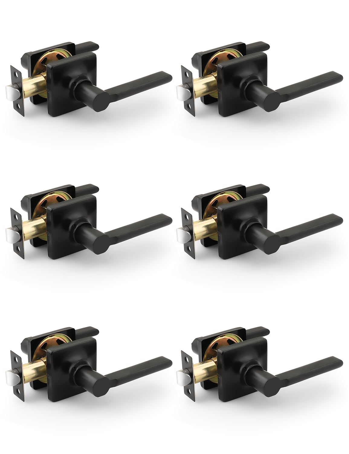 Mengico 6 Pack Passage Door Levers Black Finish, Heavy Duty Interior Door Handles for Closet and Hallway, No-Locking Keyless Square Door Knob,