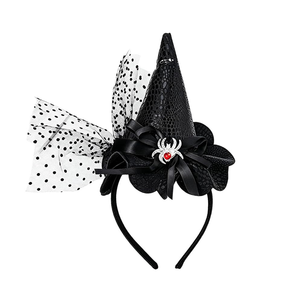 Txdzking Halloween Mini Witch Hat Headband, Gothic Witch Headpiece with Silver Spider Ornament, Black Ribbon and Polka Dot Tulle, 1 Pack Fancy Dress Costume Accessory for Women, Girls and Kids