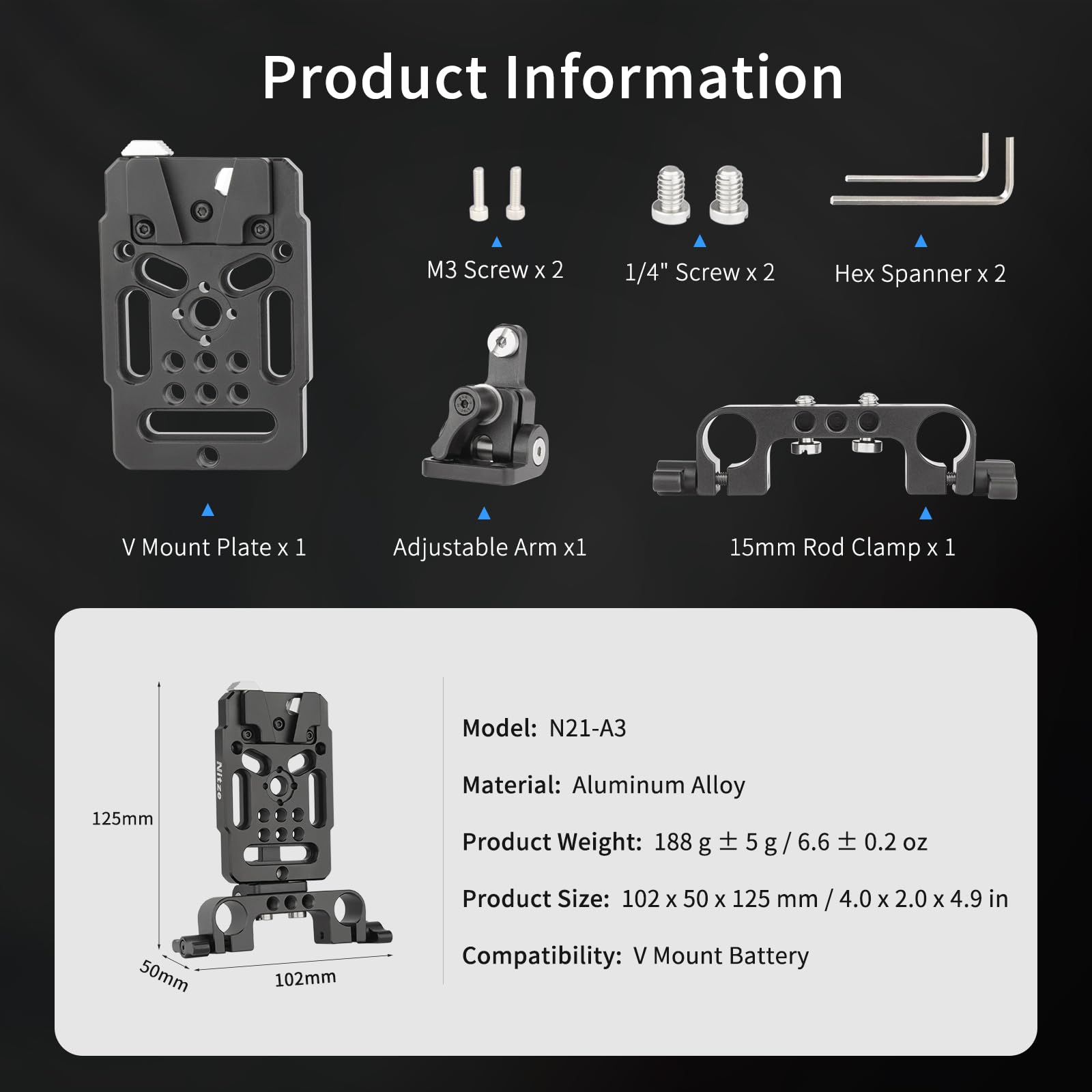 Nitze V Mount Battery Plate con Abrazadera de Varilla de 15 mm y Brazo Ajustable, V Mount Placa de Batería con Múltiples Roscas 1/4 "y 3/8", V Lock Plate Aluminum Alloy para Camera Battery - N21-A3