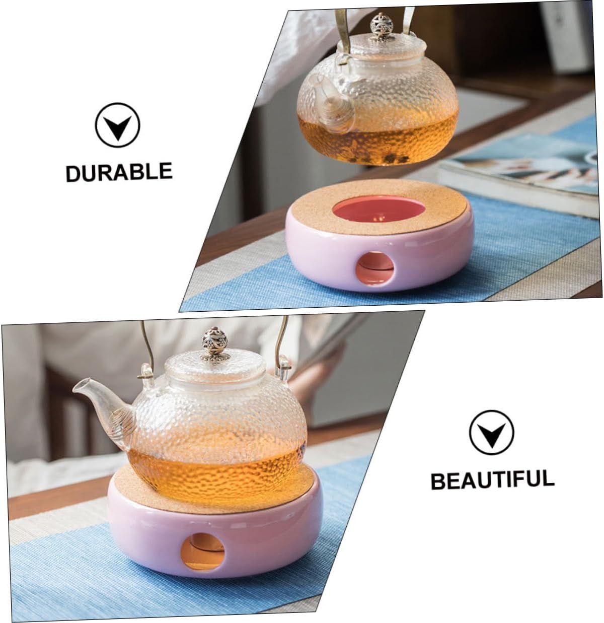 Ceramic Teapot Warmer Heater with Ventilation Portable Lightweight Tea Stove Base for Household Use and Desktop Decoration in Pink Purple