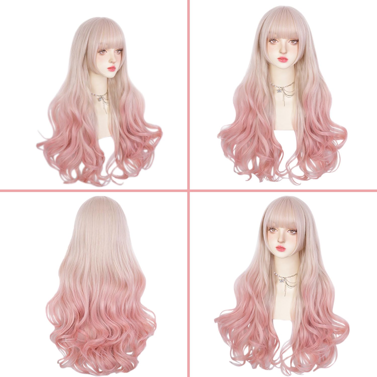 Long Curly Wavy Grey Purple Wig for Women, Cosplay, Lolita: Light Pink