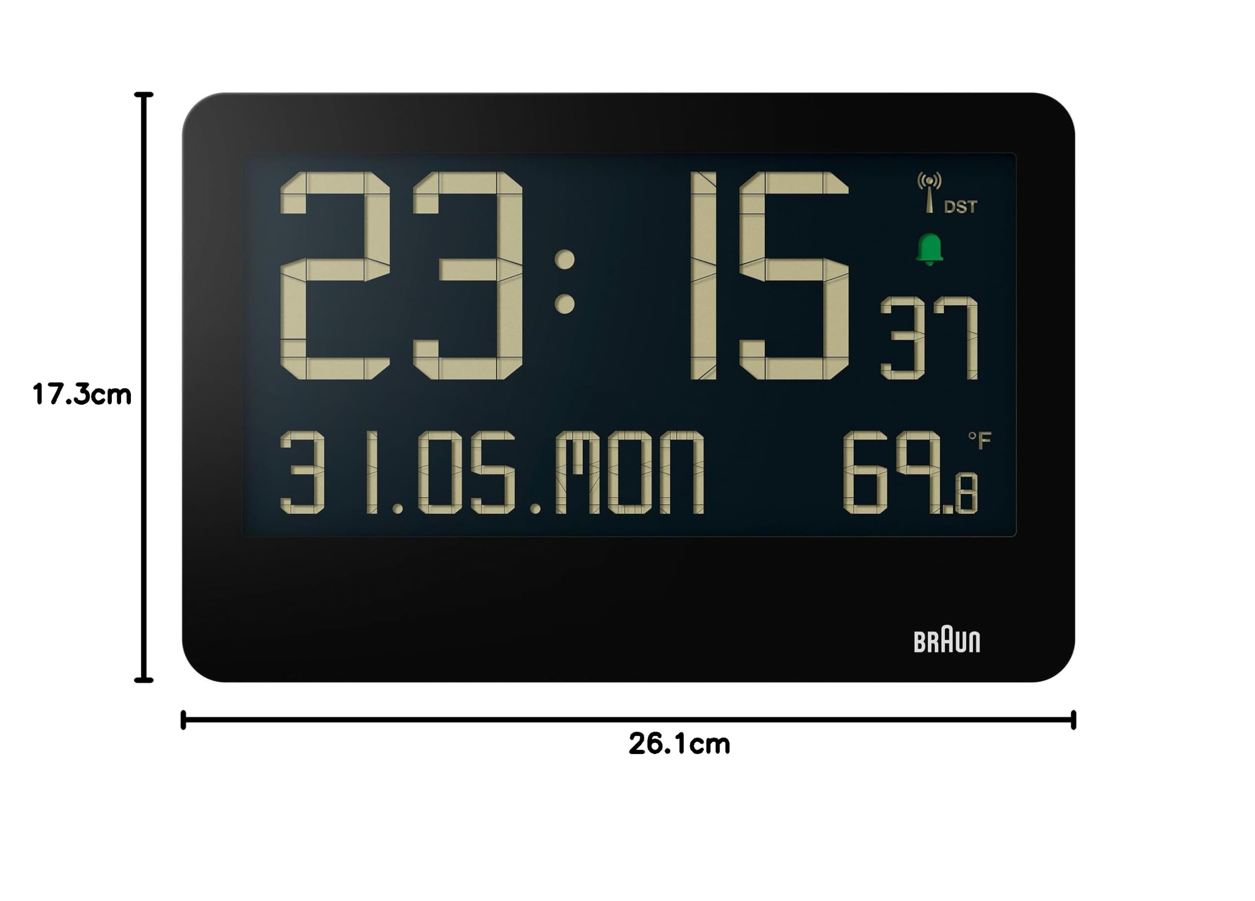 Braun Digitale Funk-Wanduhr mitteleuropäische Zeitzone (DCF) mit Innentemperatur, Datum, Wochentag, großem LCD-Display, Schnelleinstellung, Piepton-Alarm in Schwarz, Modell BC14B-DCF