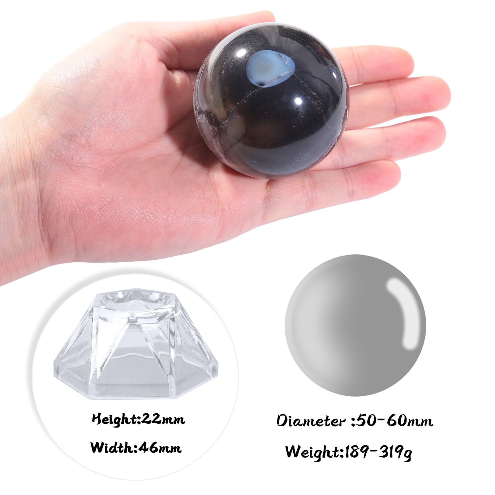 Rockcloud Natural Striped Black Agate Crystal Ball with Acrylic Stand Polished Decorative Sphere Figurine Sculpture for Divination, 1.96-2.36 Inches