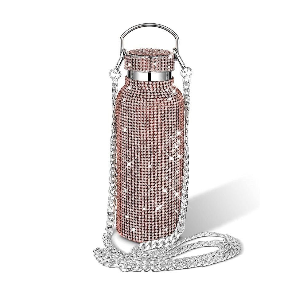 Water Bottle with Chain, 350/500/600/750/1000 Stainless Steel Glitter Tumbler with Chain, Bling Cups with Lids for Women Girl(750ml,Rose Gold)