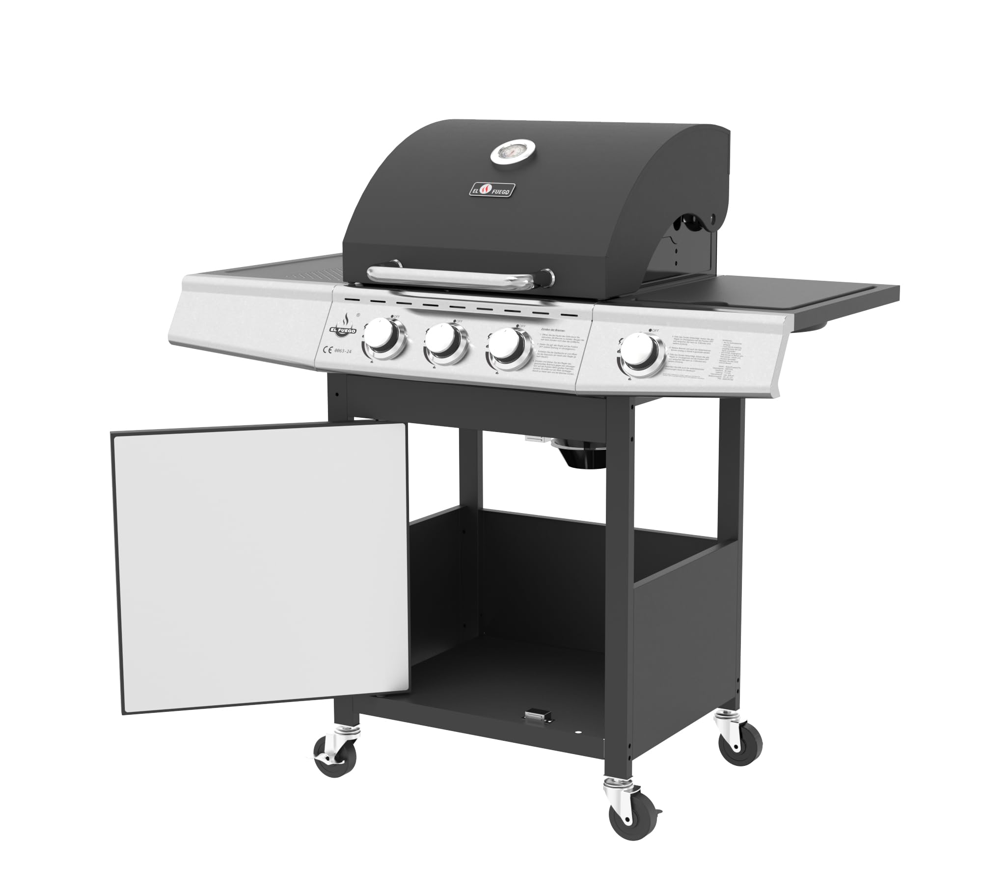 Grill gazowy "MIAMI" firmy El Fuego® 3 główne palniki + 1 palnik boczny | palnik ze stali nierdzewnej | w zestawie wąż gazowy i reduktor ciśnienia | grill wędzarniczy BBQ | AY 506