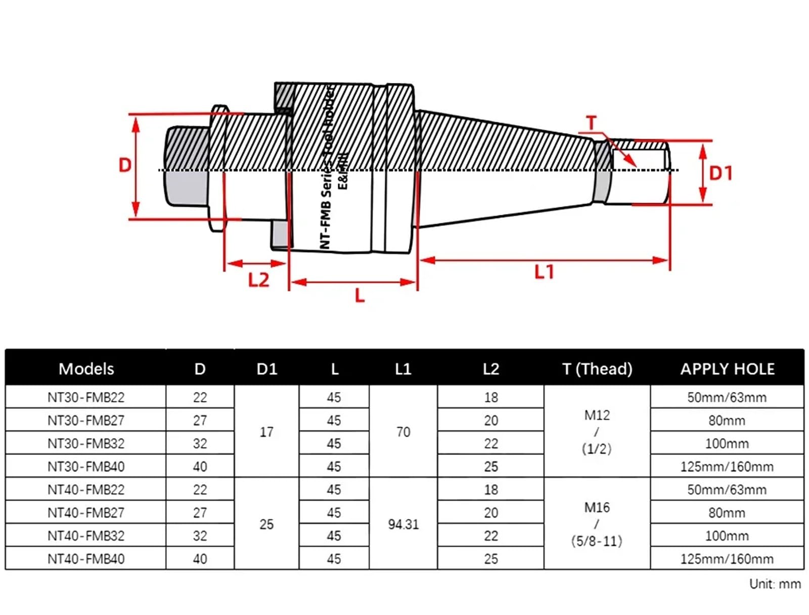 NT30 NT40 Fräserhalter FMB22 FMB27 FMB32 Aufhängung Halter für CNC Werkzeugkopf M12 M16, Geeignet für CNC Werkzeugmaschinen (NT30-FMB32)
