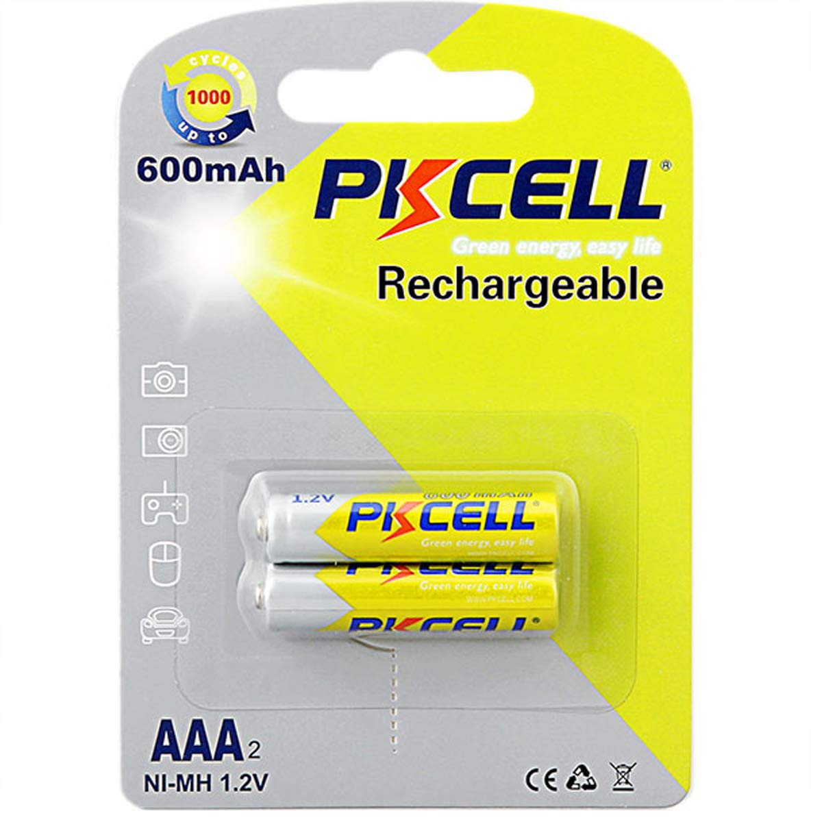 PKCELL Rechargeable AAA Batteries with 600mah 1.2V Ni-MH High Capacity -2 Pieces