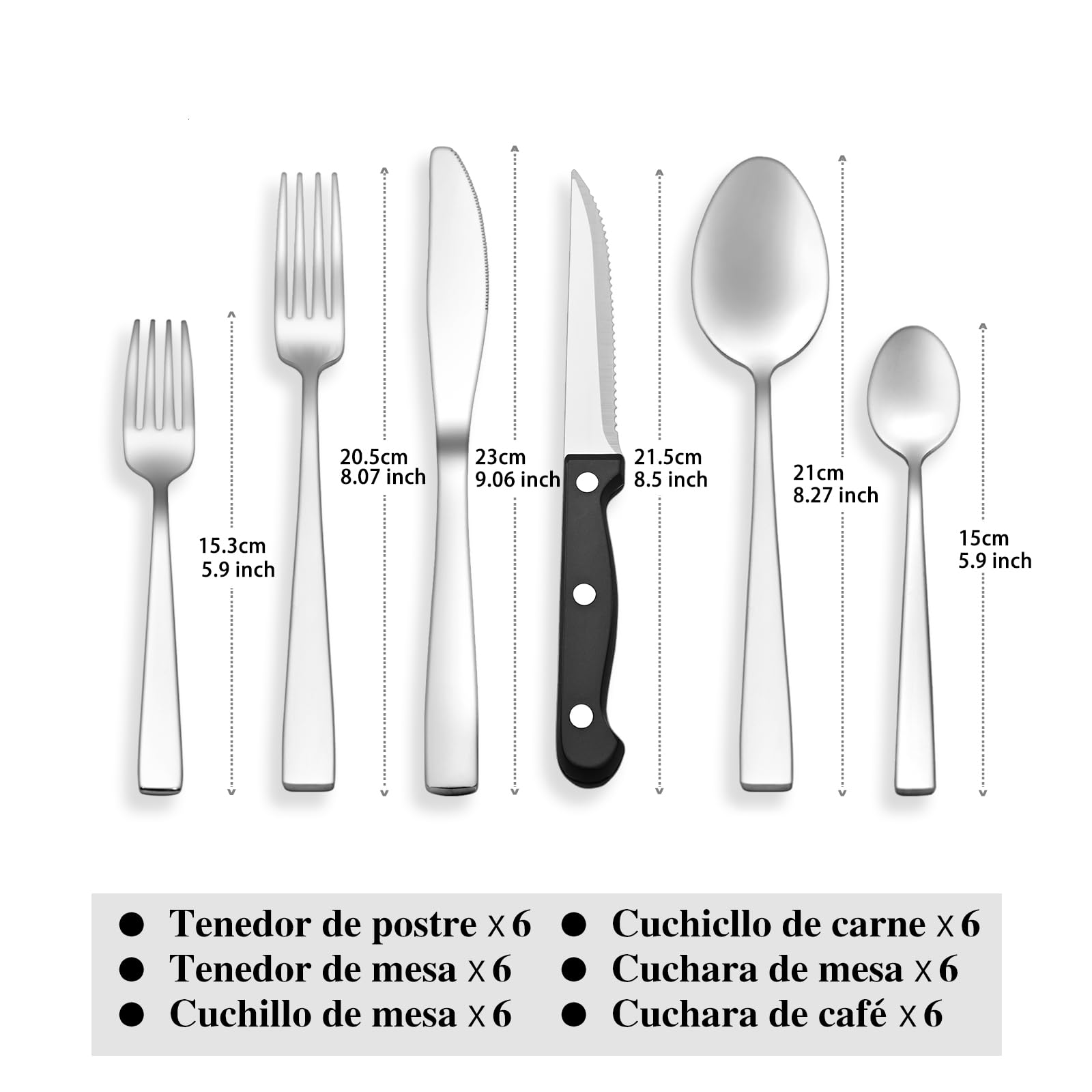 Cubiertos Acero Inoxidable 36 Piezas - Juego de Cubiertos para 6 Personas Cubertería Completa con Cuchillos de Carne, Cuchillos de Mesa, Tenedores y Cucharas - Diseño Moderno Apto Lavavajillas