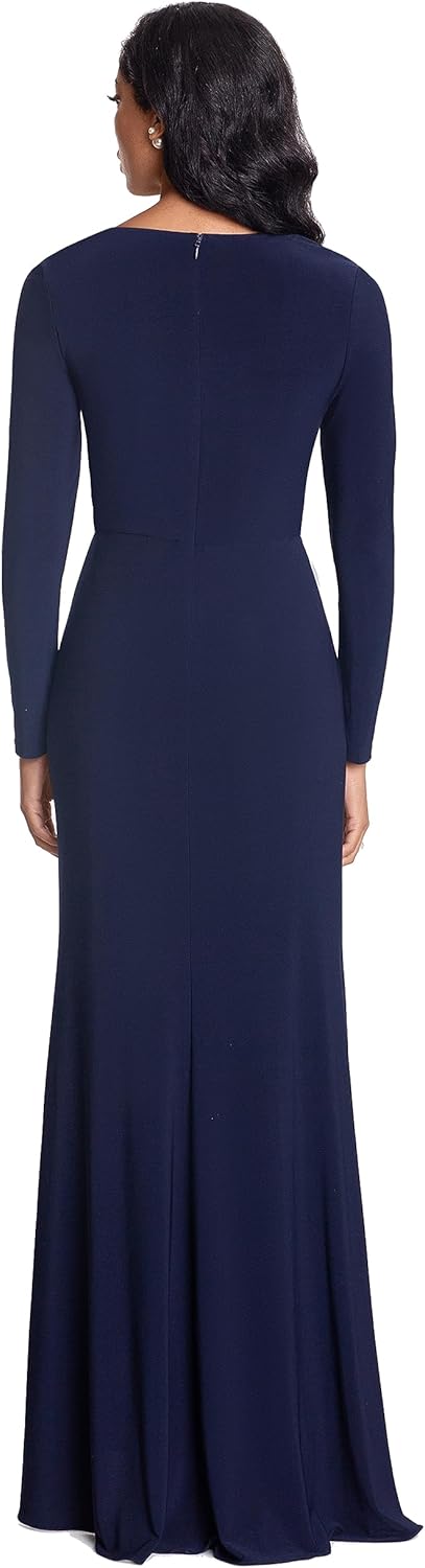 Betsy & Adam Womens Betsy & Adam Women's V-Neck Long Sleeve, Floor-Length Gown with Side Ruffle Detail and Slit - Image 2