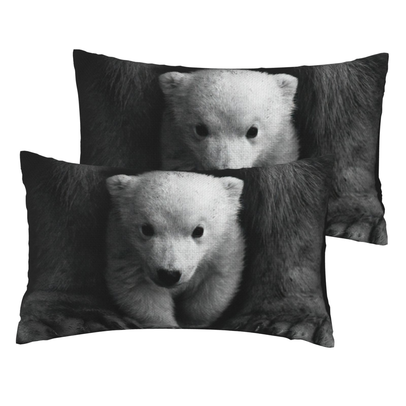 Jejea Black Polar Bear Print Pillow Case 30X50cm, Set Of 2, Linen Throw Cushion Covers, Decorative Throw Pillow Covers