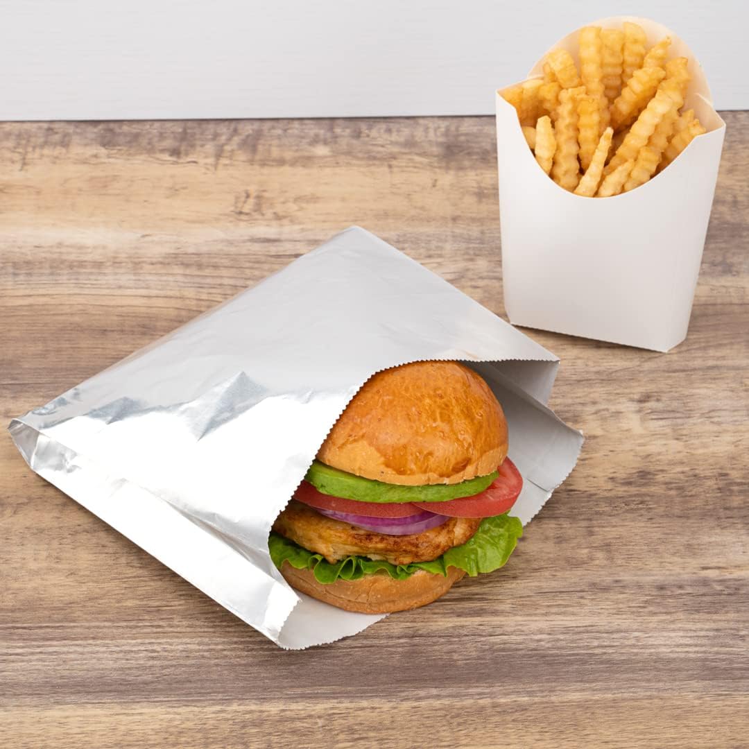 Restaurantware-Bag Tek 7.9 x 1.7 x 7.9 Inch Foil Lined Bags, 100 Greaseproof Foil Food Wrappers - Freezable, Non-Vented, Silver Paper Hot Sandwich Bags, Keeps Food Warm, For Hot And Cold Foods