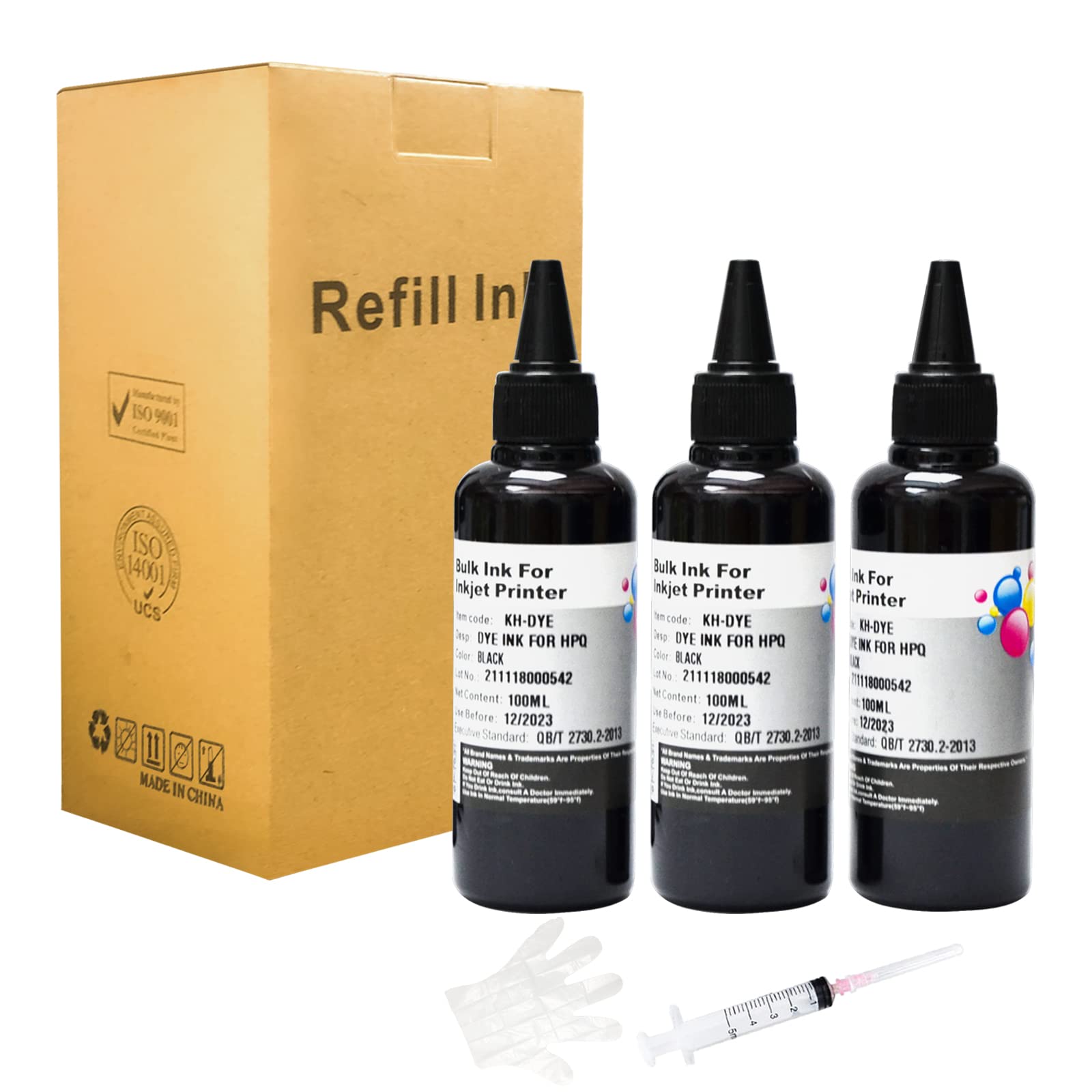 Ink Refill Kit Black for HP Printer Cartridges HP Ink 952 902 951 950 933 63 62 61 60 901 932 21 22 920 940 934 564 711 970 971 94 95 96 (100ml x 3 Bottle) with 1 Syringes and Gloves