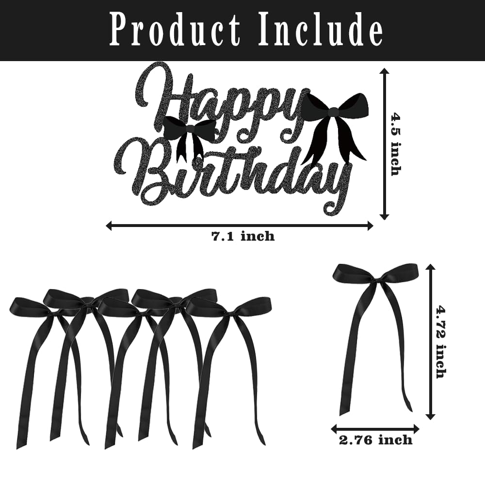 11 Pcs Black Bow Cake Toppers, Happy Birthday Sign, 10Pcs Ribbion Bow Cupcake Toppers for Black Bow Birthday Decorations, Baby Shower, Bridal Shower, Graduation Party
