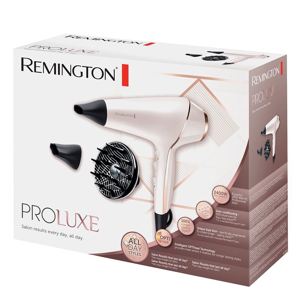 Remington Sèche-cheveux Ionique [Technologie OptiHeat] PROluxe (2400W, moteur AC longue durée, tenue 24 H & résultat salon, 3 températures/ 2 vitesses, 3 concentrateurs + 1 diffuseur volume) AC9140