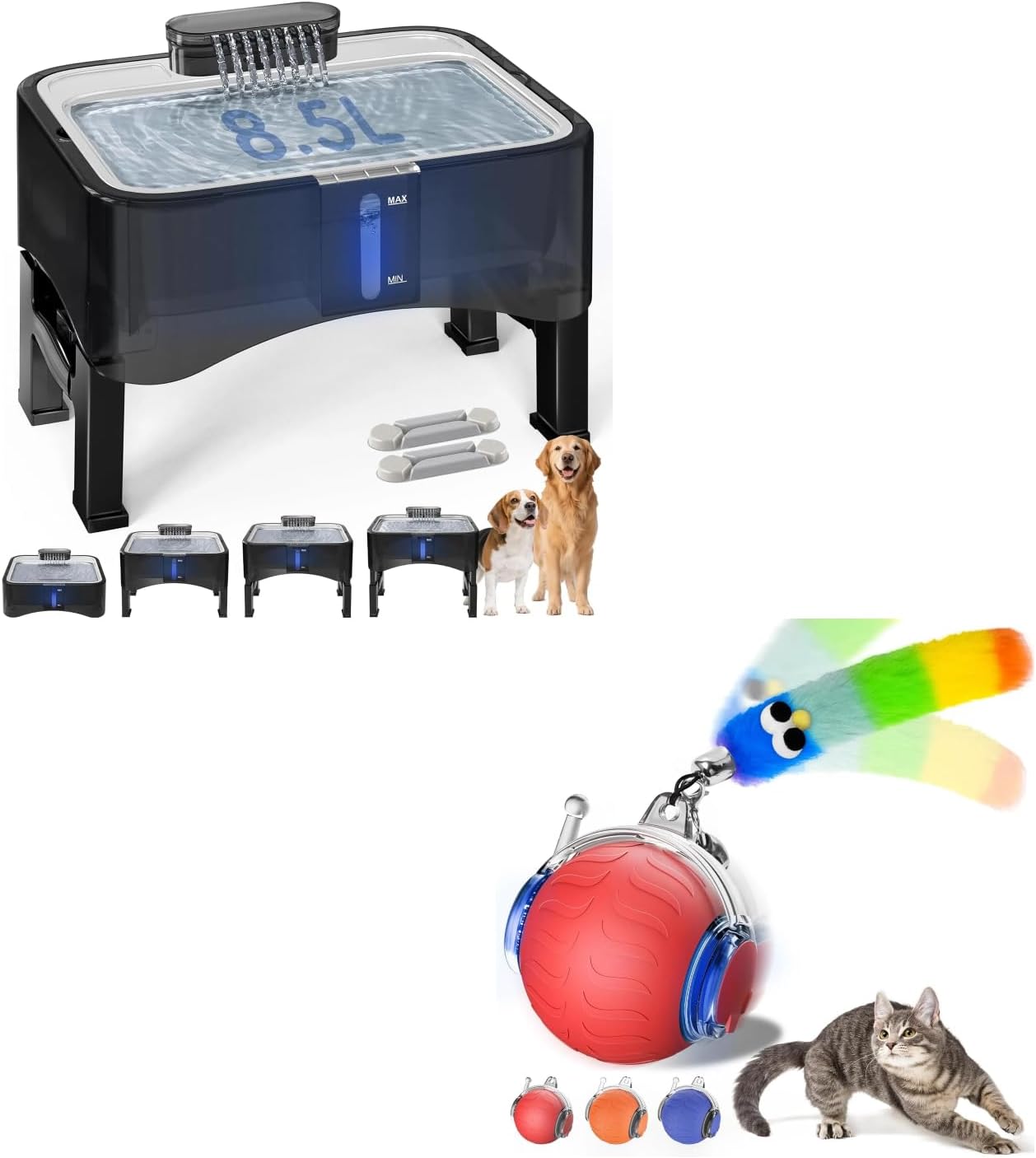 UPSKY Interactive Cat Toy Ball for Indoor Cats, 2.25Gal Elevated Dog Water Fountain