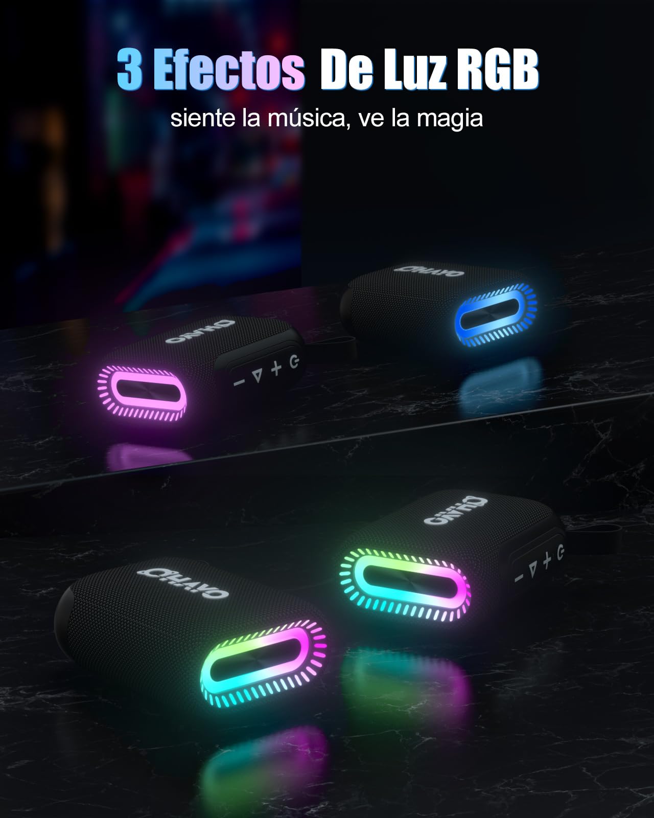 OHAYO Mini Altavoz Bluetooth Pequeño, Altavoz Portátil, Lluminación RGB, Batería de 24 Horas de Duración, Doble Emparejamiento Estéreo, IPX7 Impermeable, Bluetooth 5.3, Negro